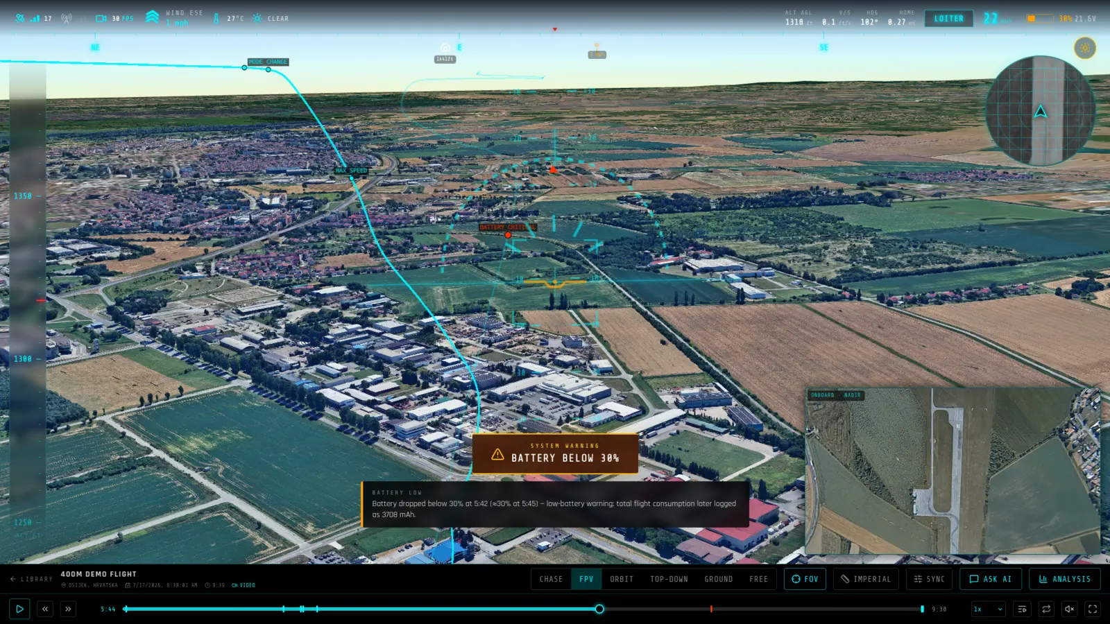 A GPX flight log replayed in RawenView: 3D reconstruction over real terrain with HUD chrome, flight path, onboard video inset and an AI event annotation